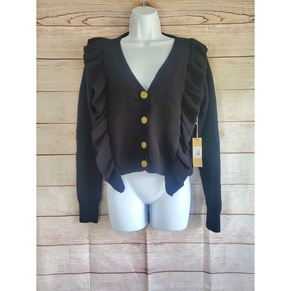NWT Debut Black Long Sleeve Ruffled V-Neck Cardigan Size M